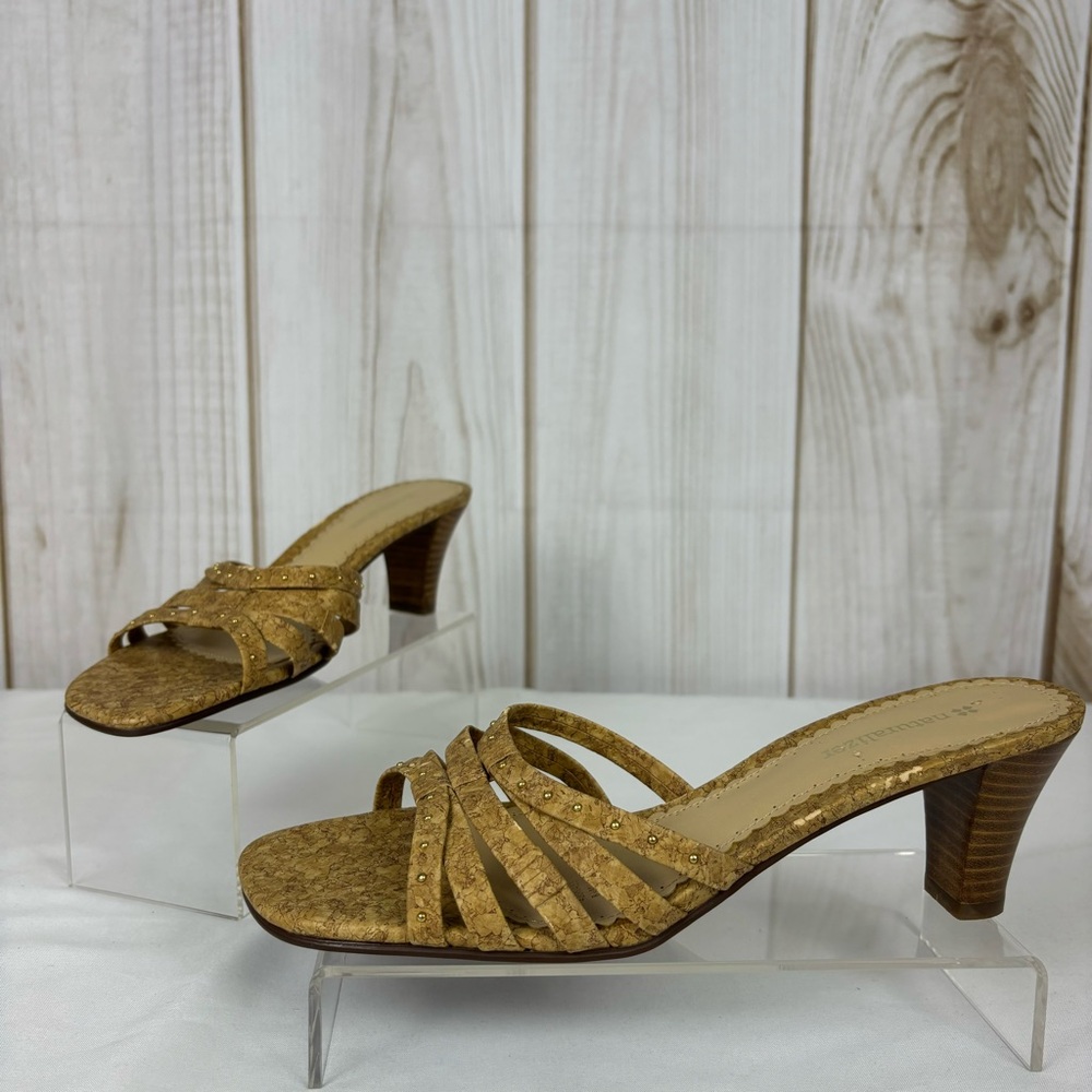 Naturalizer Comfort Heels Cork Straps Slip-on Sandals Low Wood Heel Tan Size 8.5